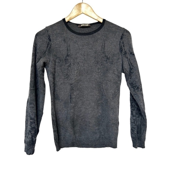 Roberto Cavalli  Lana wool grey sweater size 40 grey black print made in Italy - Picture 1 of 9